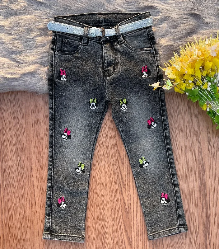 Men's Jeans for a Dressy OccasionStylish Faded Black Girls' Jeans with Minnie Mouse Embroidery