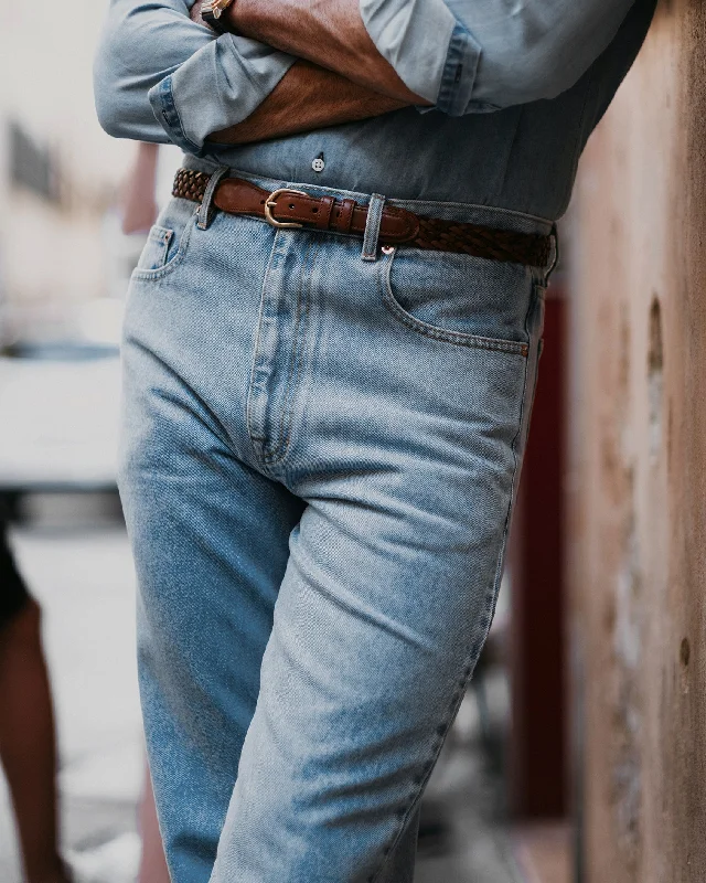 High-Quality Ripped Men's JeansFade Washed Light Blue Jeans