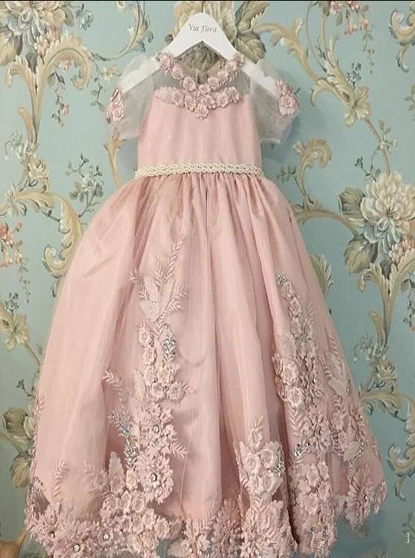 Pearl DressPink Flower Girl Dress Scoop Neck Short Sleeves Tutu Gowns OF125