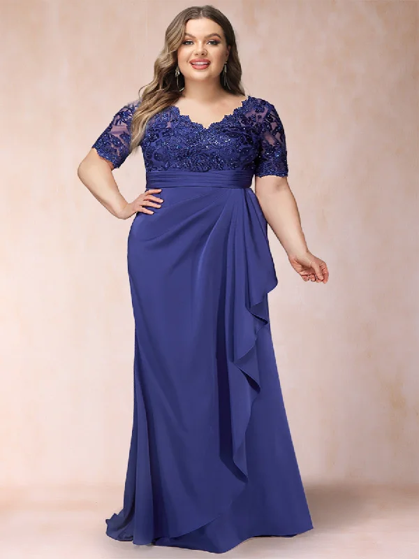Floor-Length DressSheath/Column V-Neck Short Sleeves Plus Size Mother of the Bride Dresses with Appliques & Ruffles
