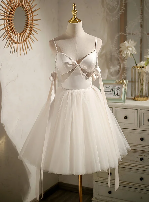 Zip-Up DressIvory Tulle Satin Spaghetti Straps Pearls Homecoming Dress
