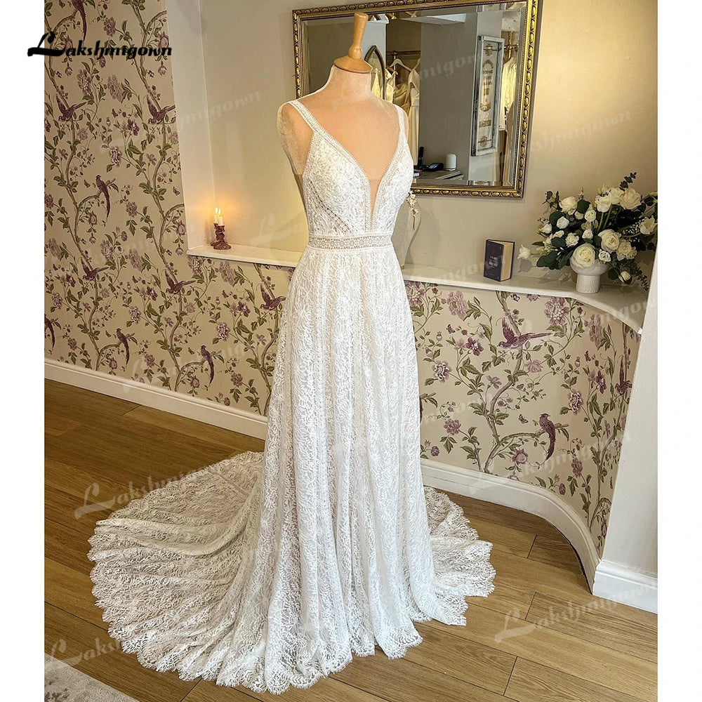 Neon DressRoycebridal A Line Wedding Dresses Sexy V Neck Lace Appliques Spaghetti Straps For Women Bridal Gown Sweep Vestidos De Novia