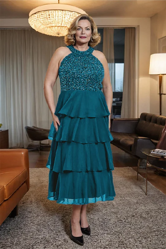 women's plus-size dressesBeading Halter A Line Layered Chiffon Mother of the Bride Dress