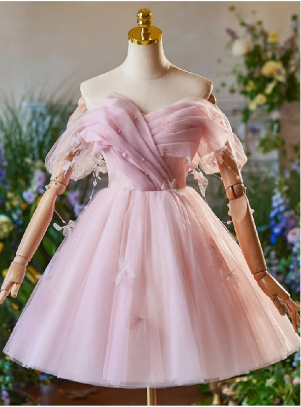 Sheath DressPink Tulle Off the Shoulder Pleats Pearls Homecoming Dress