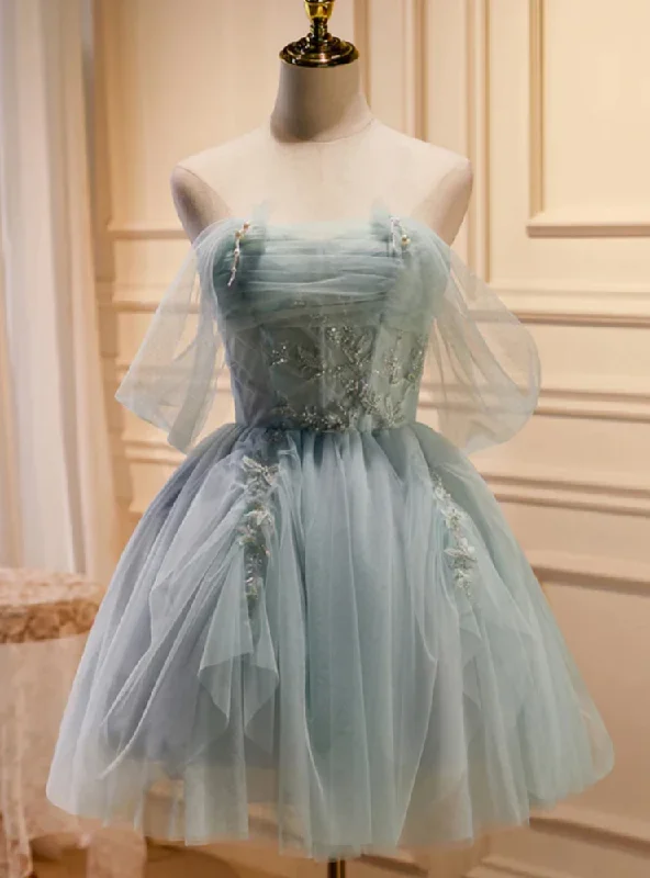Crepe DressGreen Tulle Off the Shoulder Pleats Homecoming Dress
