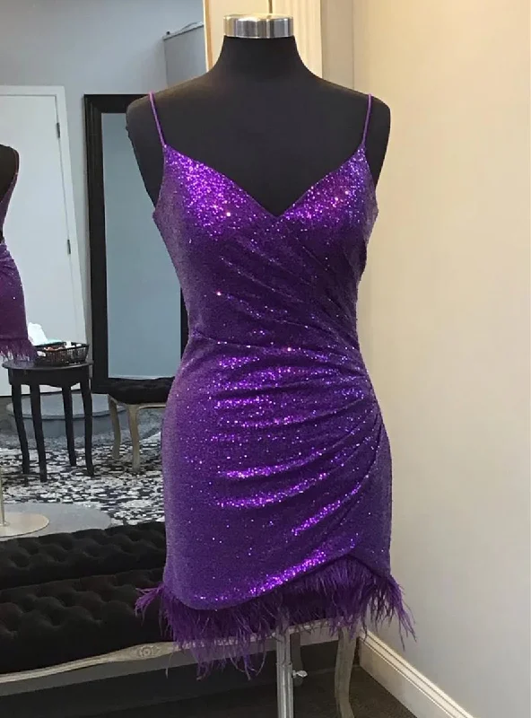 Silk DressPurple Sequins Spaghetti Straps Pleats Feather Homecoming Dress