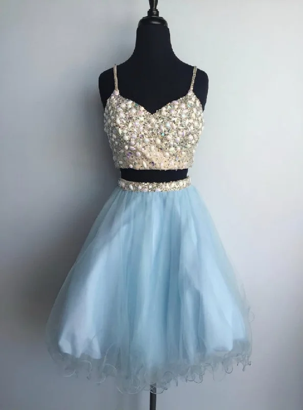 women's mini dressesLight blue tulle two pieces beaded short homecoming dress
