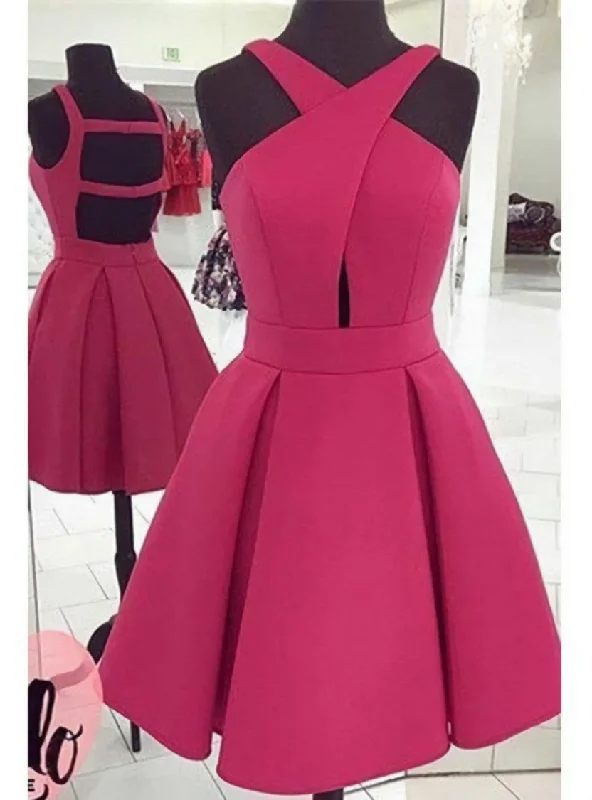women's minimalist dressesPink Halter Neck Short A-Line Evening Homecoming Dress Featuring Cutout Back