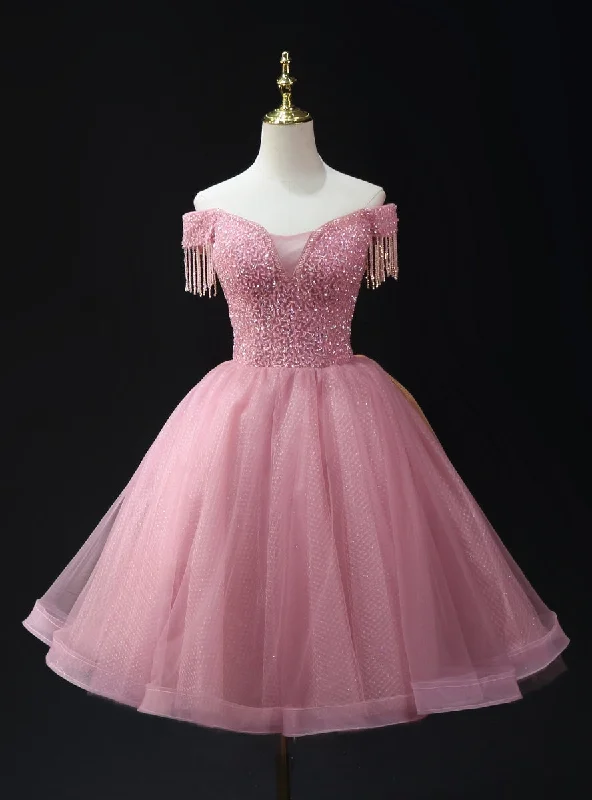 Empire DressPink Tulle Sequins Off the Shoulder Beading Homecoming Dress