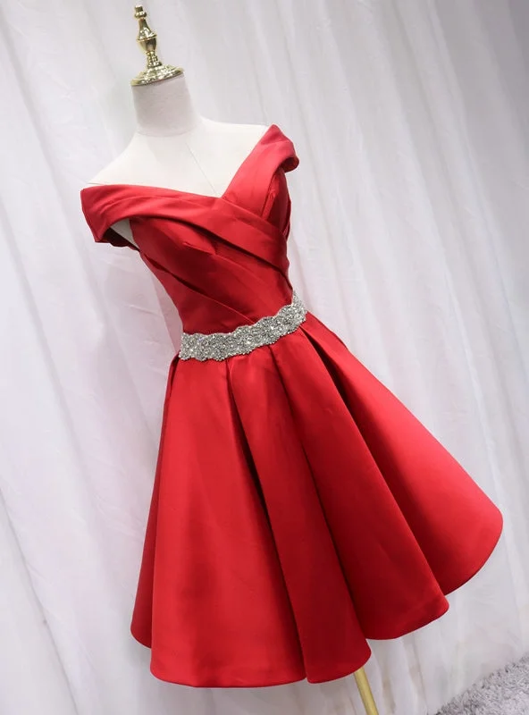 Embellished DressRed Satin Off the Shoulder Beading Homecoming Dress