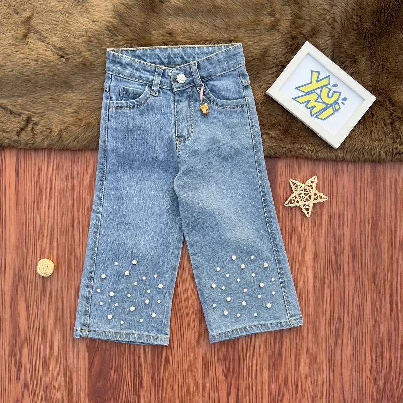 Classic Blue Men's JeansGirls' Sky blue Wide Leg Jeans with Pearl Embellishments