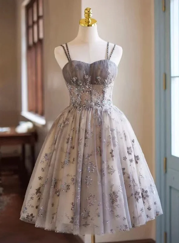 Prom DressGray Tulle Sequins Spaghetti Straps Homecoming Dress