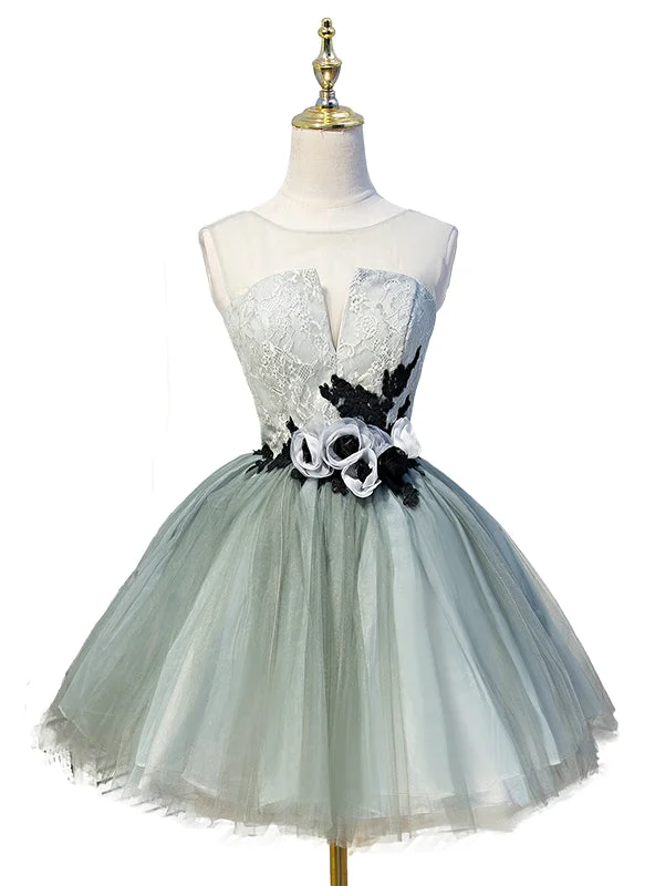 women's trendy dressesGray Tulle Appliques Scoop Homecoming Dress