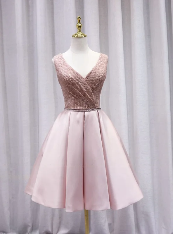 women's versatile dressesPink Satin V-neck Pleats Homecoming Dress
