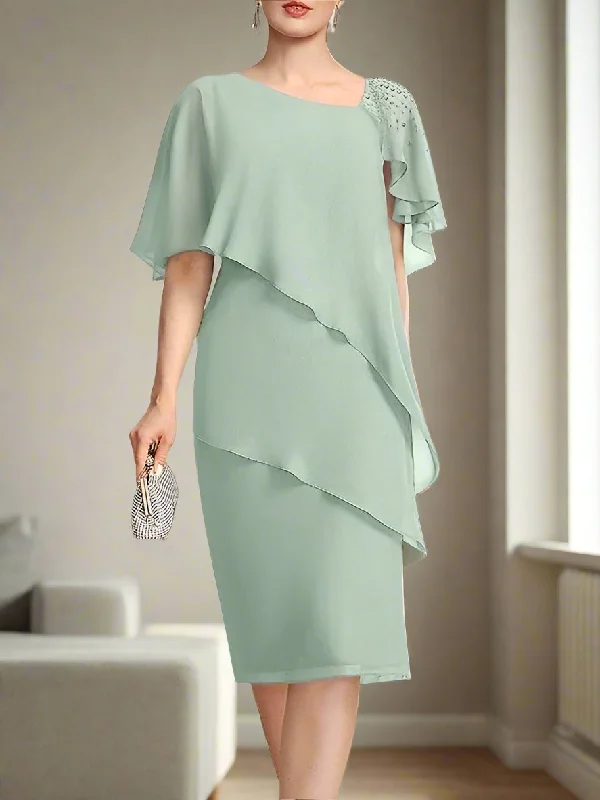 women's silk dressesAsymmetrical Neck Sheath Knee Length Mother of the Bride Dress