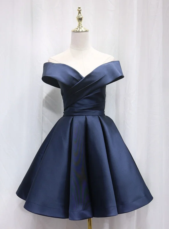 women's lace-up dressesNavy Blue Satin Off the Shoulder Homecoming Dress