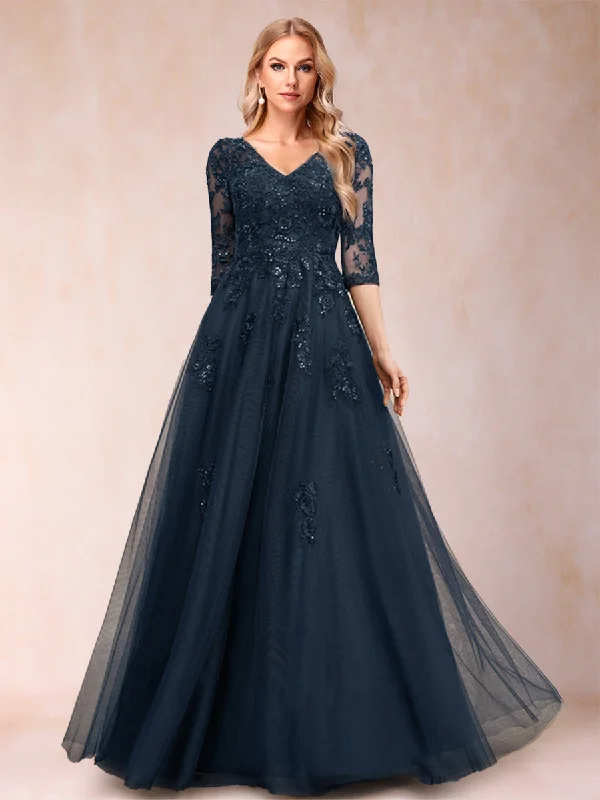 women's boho dressesA-Line/Princess V-Neck 3/4 Sleeves Tulle Mother of the Bride Dresses with Appliques & Sequins