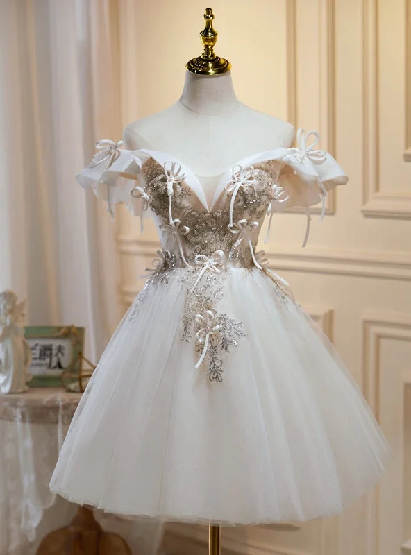 Minimalist DressIvory White Tulle Appliques Beading Homecoming Dress