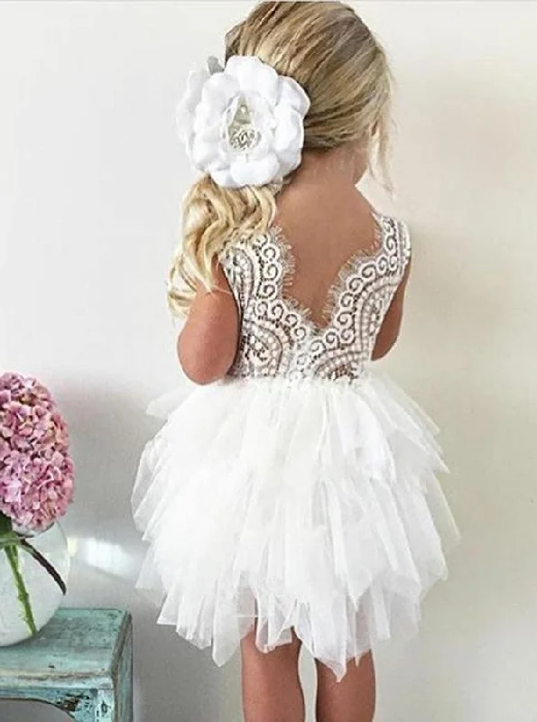 Peter Pan Collar DressShort Lace Ball Gown Round Neck Tulle Flower Girl Dress OF110