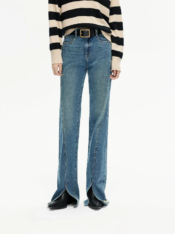 Leather Patch Men's JeansFront Slit Flared Jeans
