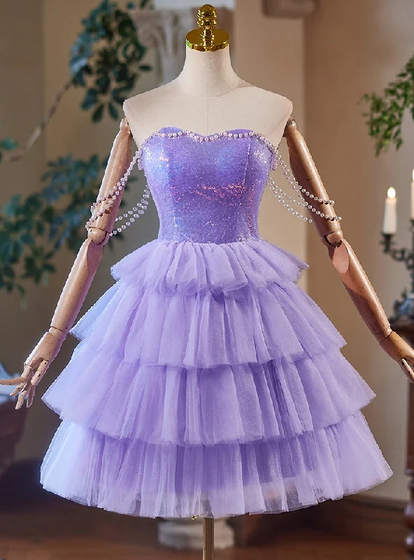 Denim DressPurple Tulle Sequins Tiers Pearls Homecoming Dress