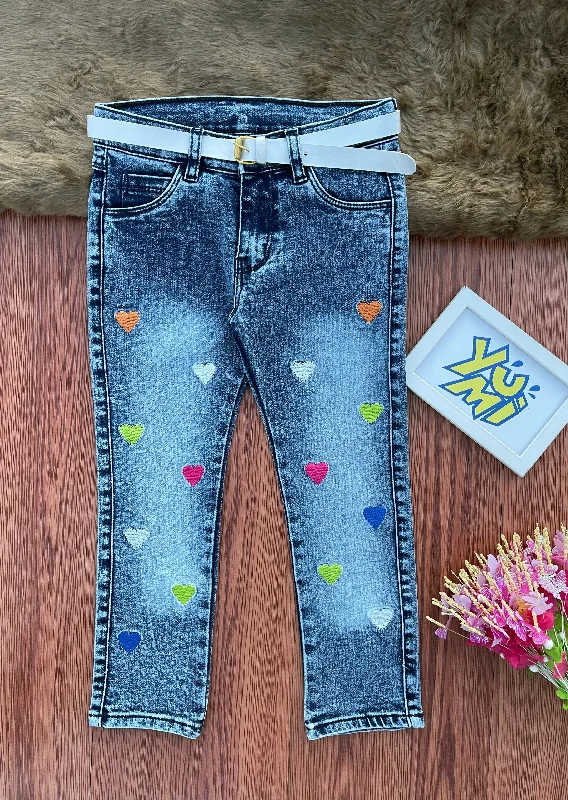 Winter Men's JeansGirls'  Blue Jeans with Colorful Heart Embroidery