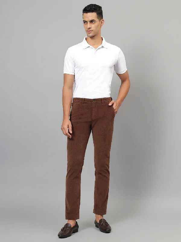 Men's Tapered Pants for a Slimming EffectMen's Brown Self-Design Non-Pleated Casual Trouser Men's Tapered Pants for a Slimming EffectMen's Brown Self-Design Non-Pleated Casual Trouser