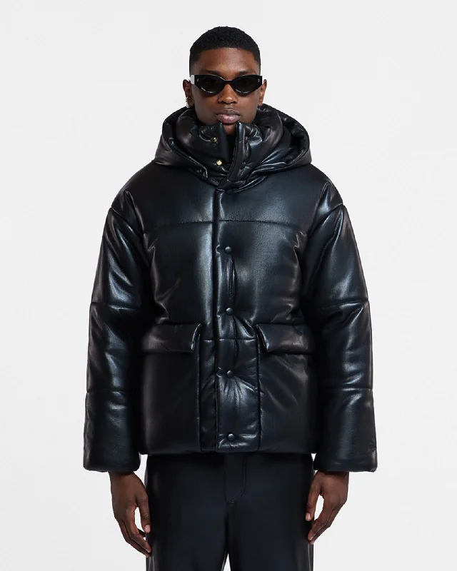 Men's Coats with PocketsHide Mens - Okobor™ Alt-Leather Hooded Puffer - Black