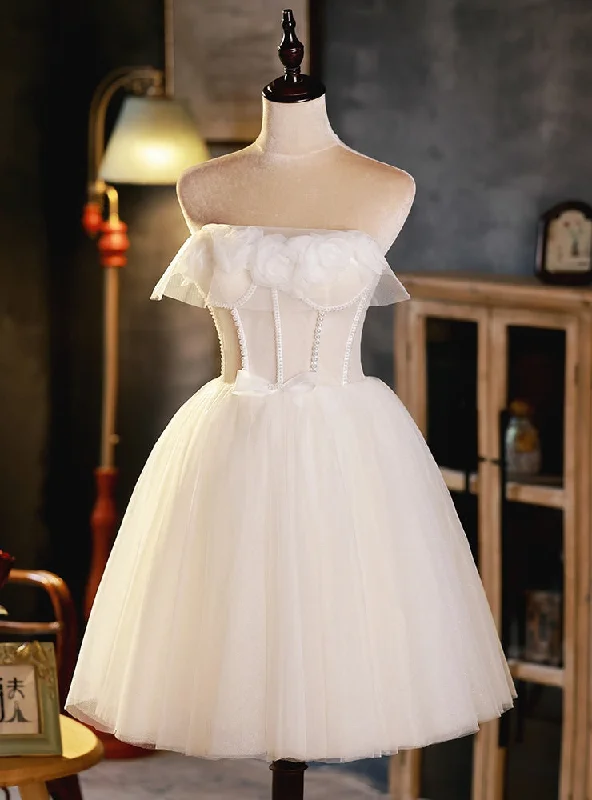 women's casual dressesIvory White Tulle Strapless Pearls Homecoming Dress