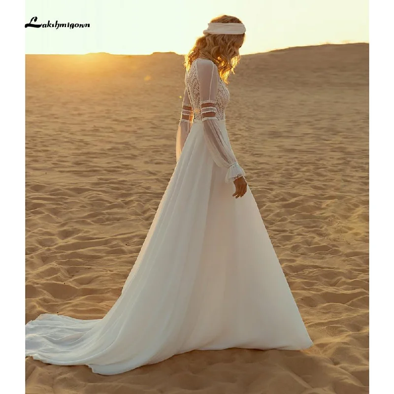 women's pear-shaped body dressesRoycebridal Long Sleeve Lace Chiffon Boho A Line Wedding Dresses
