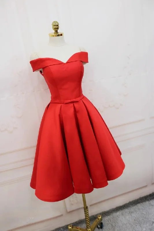 Beaded DressRed Satin Off the Shoulder Pleats Homecoming Dress