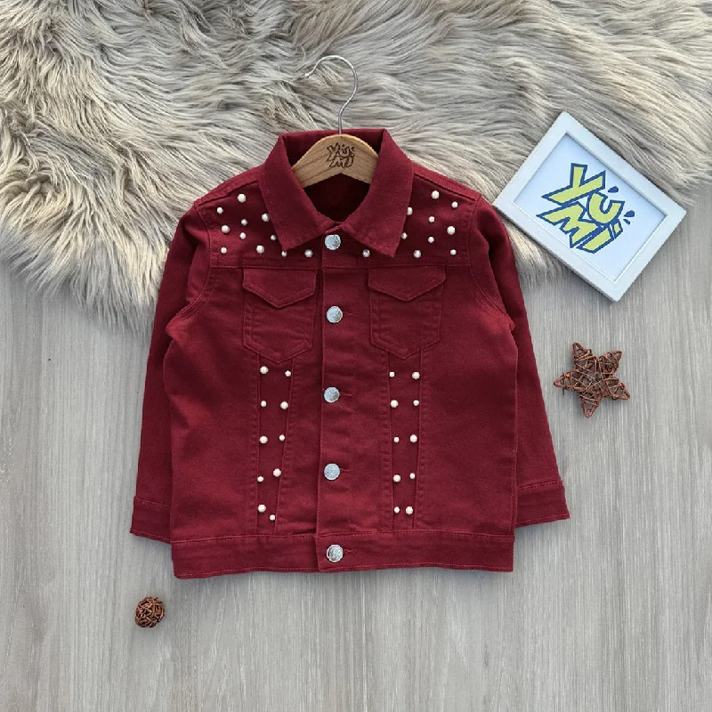 Jeans for Men with a Athletic BuildGirls' Maroon Denim Jacket with Pearl Accents