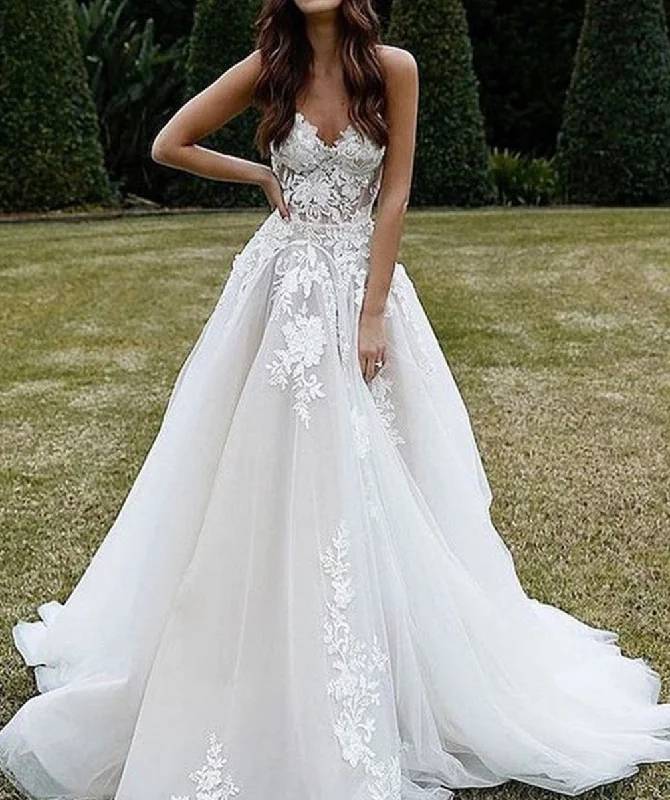 Shift DressWomen A-Line Appliques Wedding Dresses Long V-Neck Lace Bridal Gowns YWD195