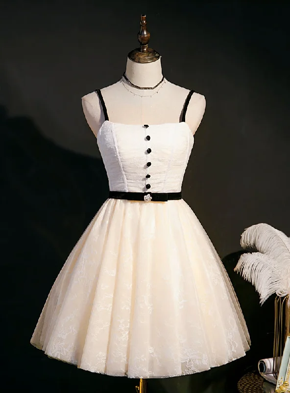 Peplum Hem DressIvory Tulle Lace Button Homecoming Dress
