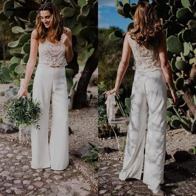 women's handmade dressesWedding Jumpsuit Two Pieces Lace Bodice A Line