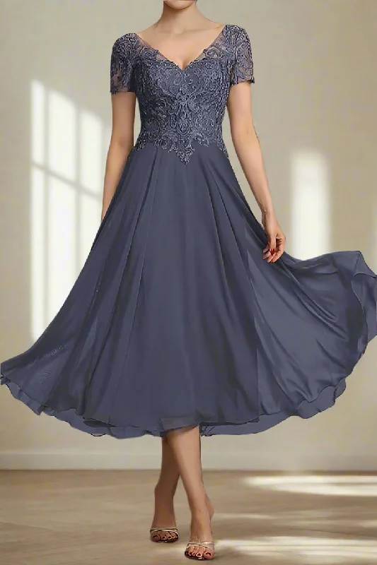 women's work dressesTea Length Stormy V Neck Chiffon Mother of the Bride Dress