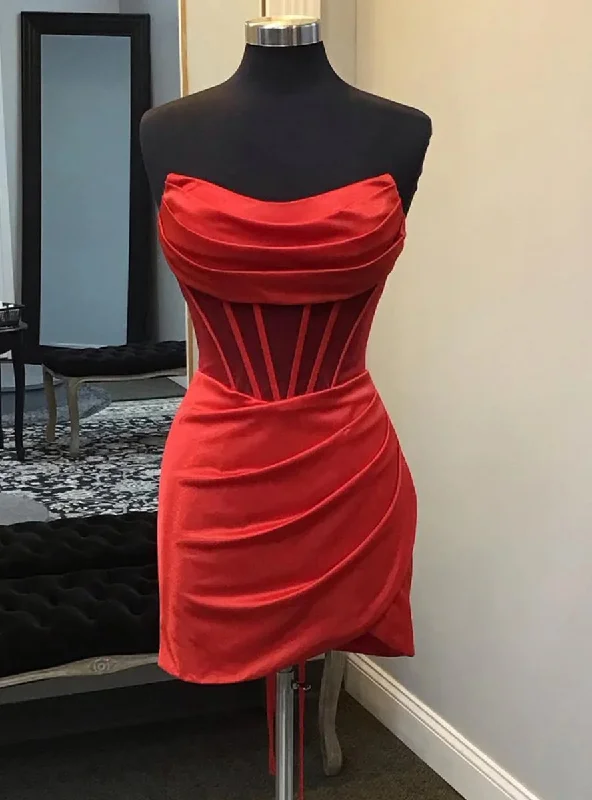Laced DressRed Satin Strapless Pleats Short Homecoming Dress