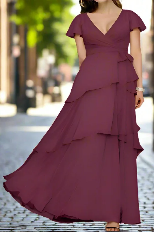 Velvet DressMulberry Chiffon Layers A-Line V-Neck Long Mother of The Bride Dresses