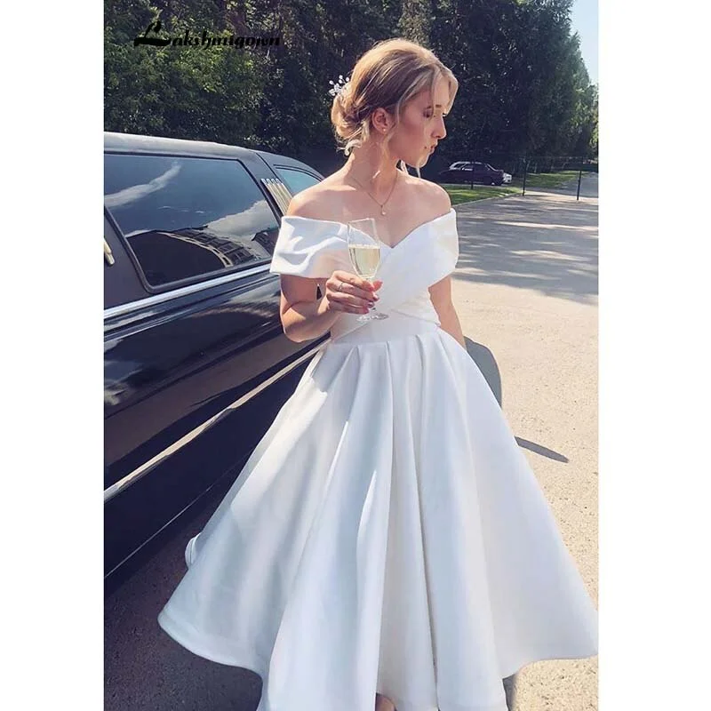 Ruffled Hem DressRoycebridal Little White Short A-line Beach Wedding Dresses vestidos de noiva Pleat white Tea-Length Wedding Gowns Hochzeit Ruffled Hem DressRoycebridal Little White Short A-line Beach Wedding Dresses vestidos de noiva Pleat white Tea-Length Wedding Gowns Hochzeit