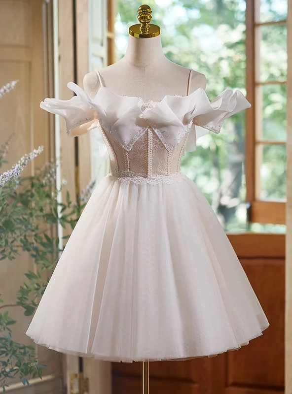 Glamour DressIvory White Tulle Lace Spaghetti Straps Homecoming Dress