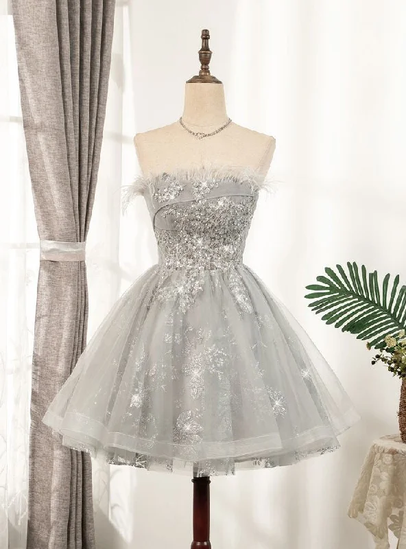 Bridesmaid DressGray Tulle Sequins Feather Homecoming Dress