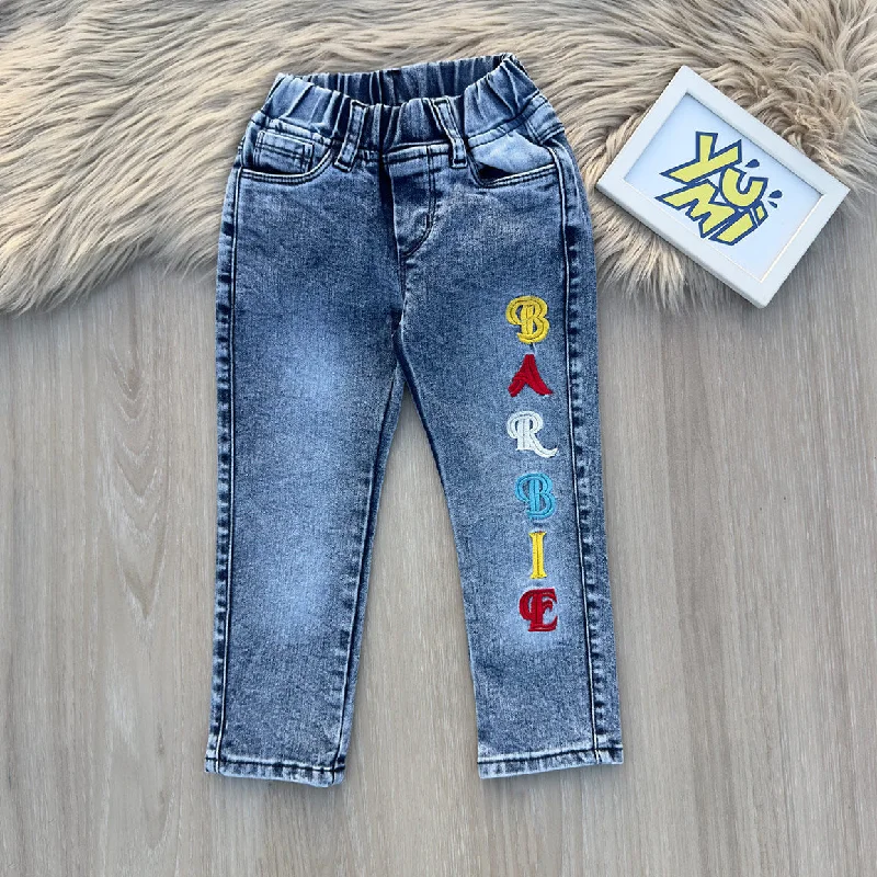 Elegant Men's JeansGirls' Blue "Barbie" Embroidered Jeans