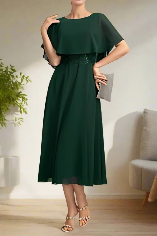 Shift DressRound Neck A-Line Dark Green Short Sleeves Mother of The Bride Dresses