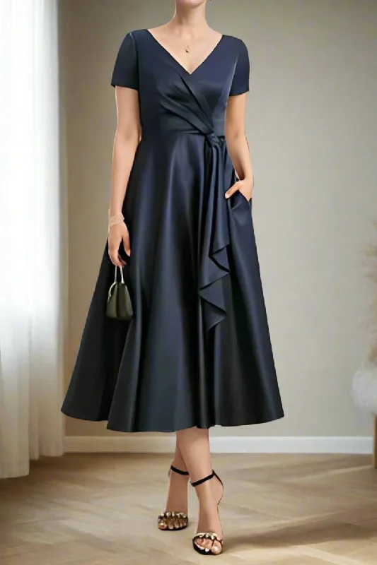 High-Low DressA-Line Satin Short Sleeves V Neck Mother of The Bride Dresses