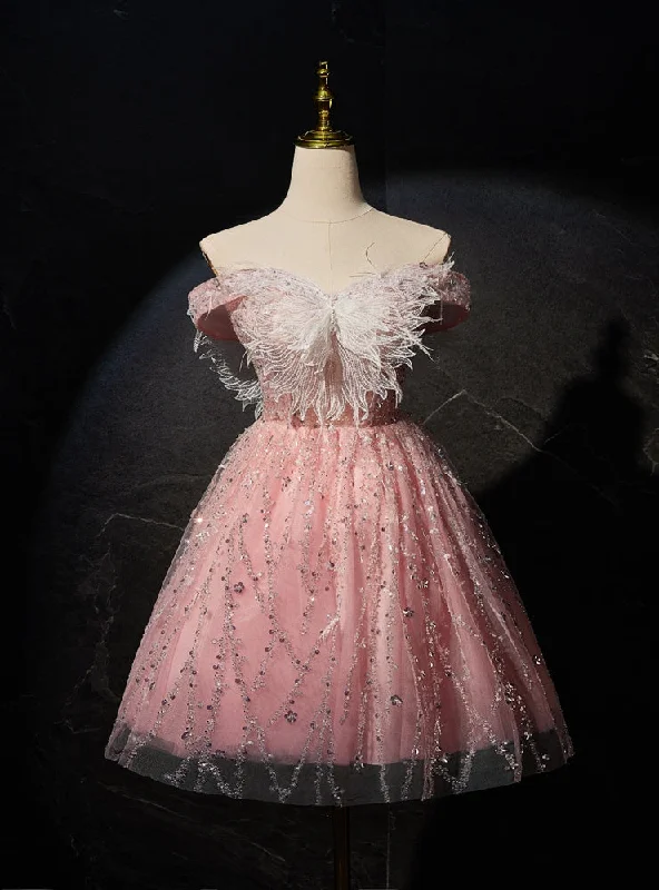 Tea-Length DressPink Tulle Sequins Short Homecoming Dress