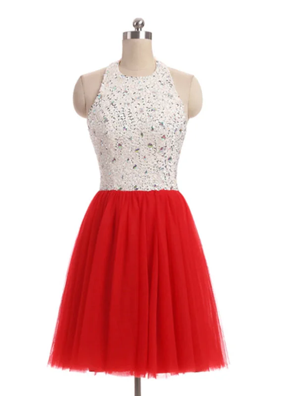 Peter Pan Collar DressRed Tulle Halter Beading Homecoming Dress