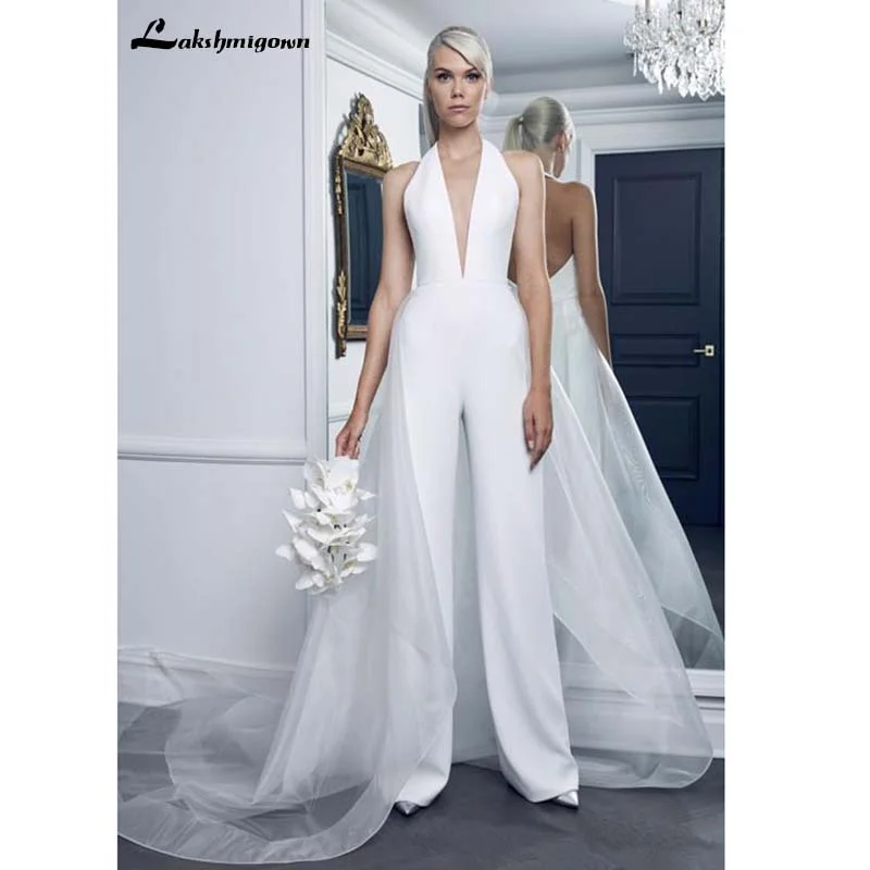Glamour DressRoycebridal Halter Wedding Dresses Jumpsuit Sleeveless Sexy Backless Plus Size Beach Bridal Gown With Overskirt Glamour DressRoycebridal Halter Wedding Dresses Jumpsuit Sleeveless Sexy Backless Plus Size Beach Bridal Gown With Overskirt