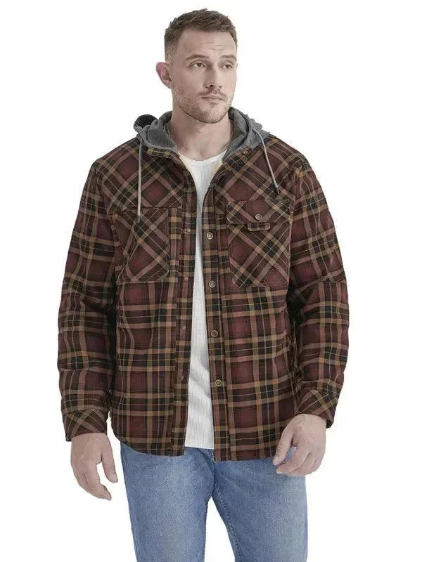 Versatile Men's Short-Sleeve ShirtsPlaid Fleece Hooded Men Flannel Shirt