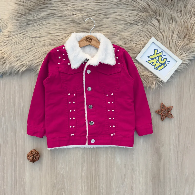 Comfortable Men's JeansGils Glamorous Pink Fur Jacket With pearls
