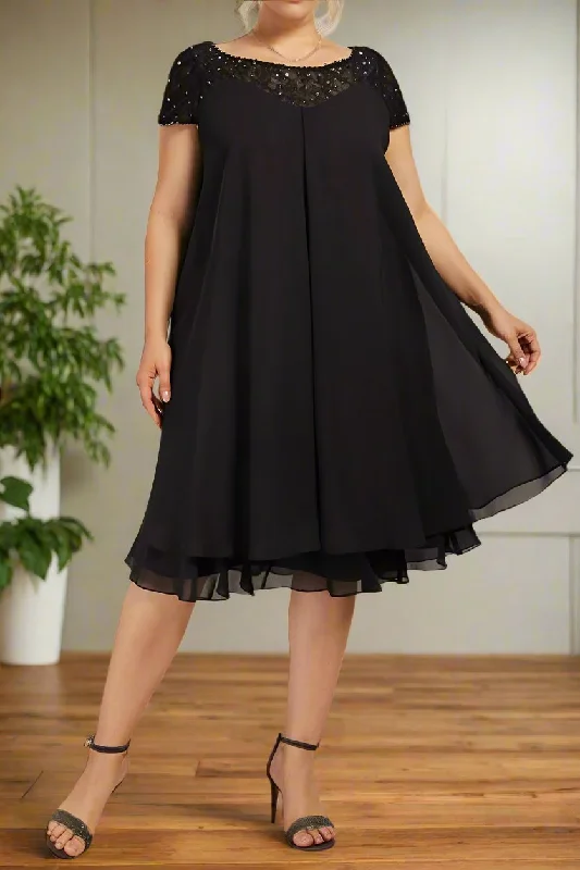 women's affordable dressesBlack Scoop Neck Short Sleeves Knee Length Mother of The Bride Dresses